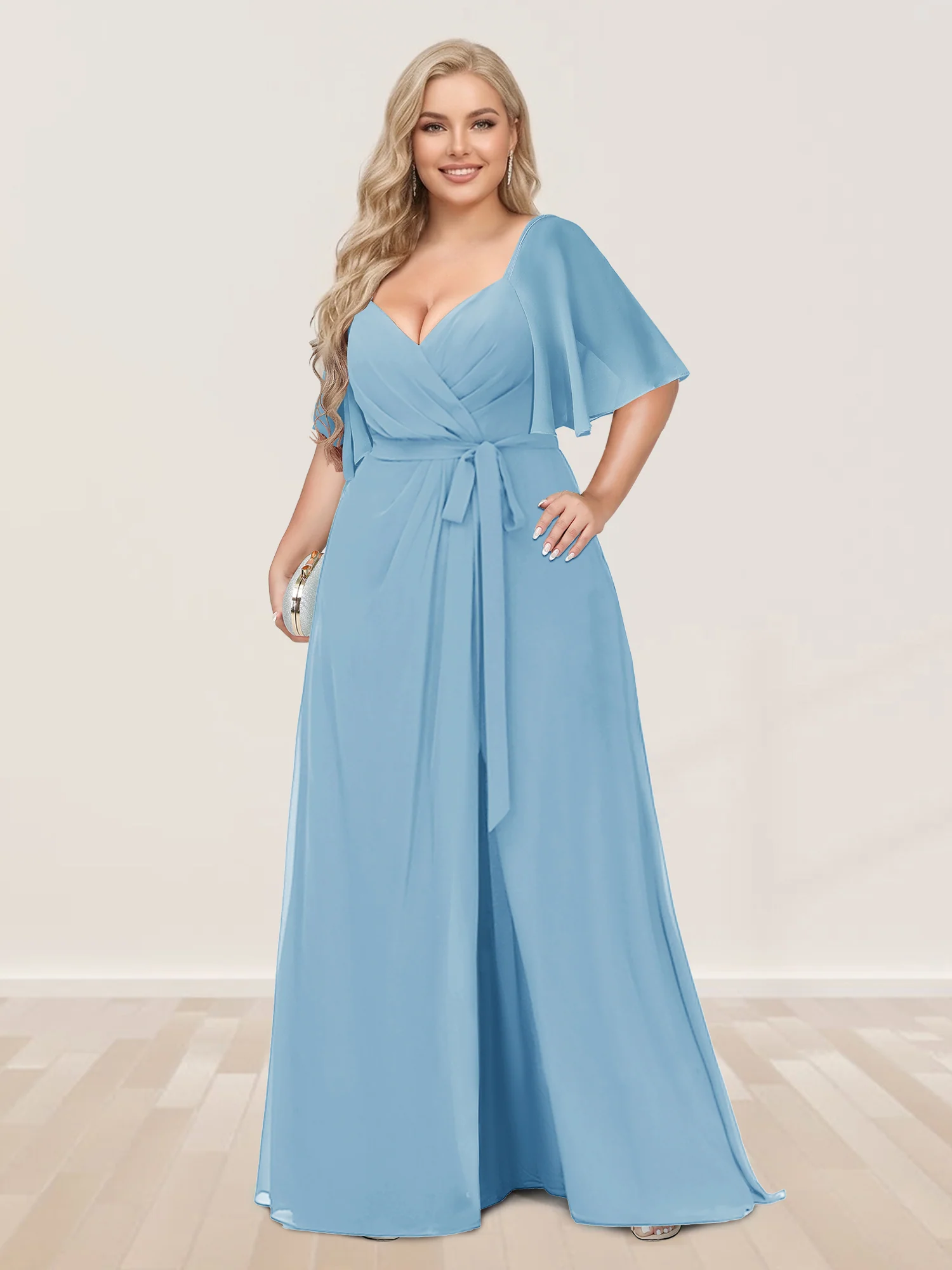 A-Line/Princess V-Neck Half Sleeves Plus Size Bridesmaid Dresses with Split Side - Image 45