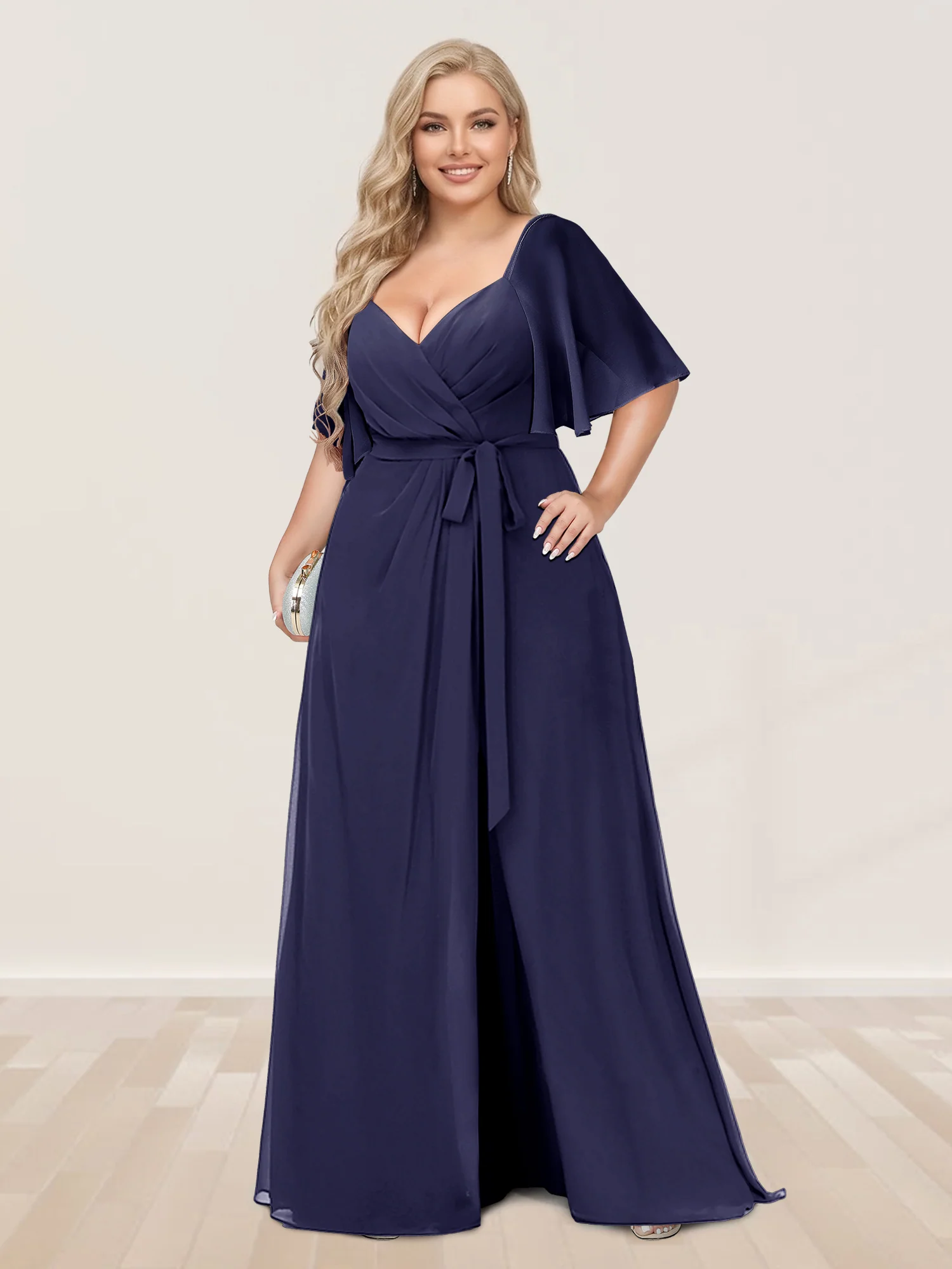 A-Line/Princess V-Neck Half Sleeves Plus Size Bridesmaid Dresses with Split Side - Image 52