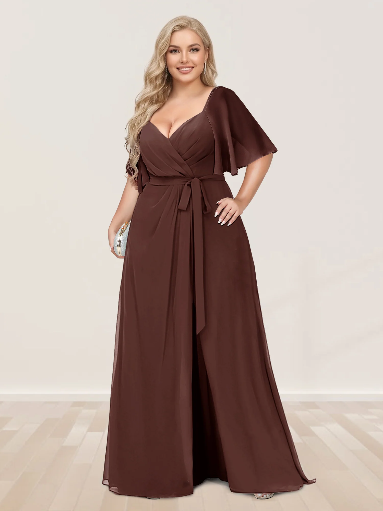 A-Line/Princess V-Neck Half Sleeves Plus Size Bridesmaid Dresses with Split Side - Image 70