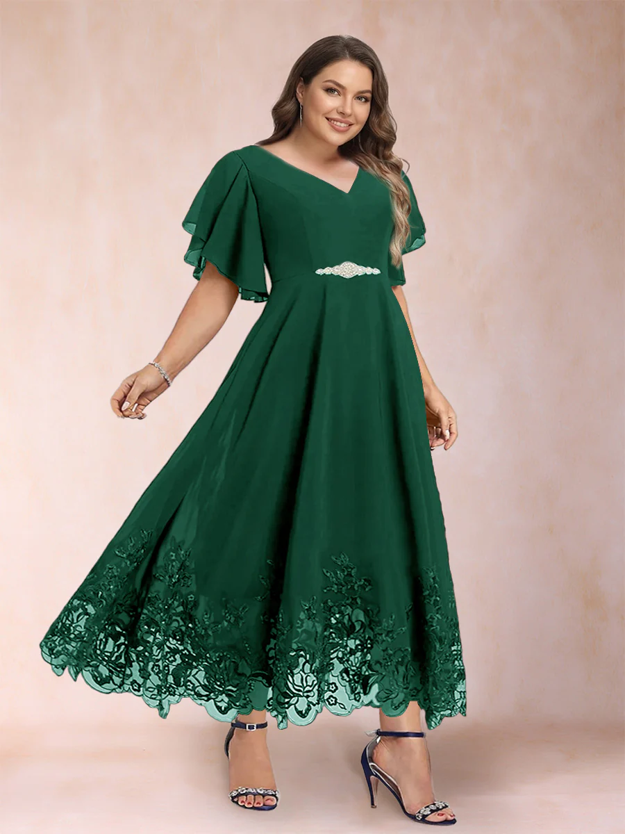 A-Line/Princess V-Neck Half Sleeves Plus Size Mother of the Bride Dresses with Applique - Image 19