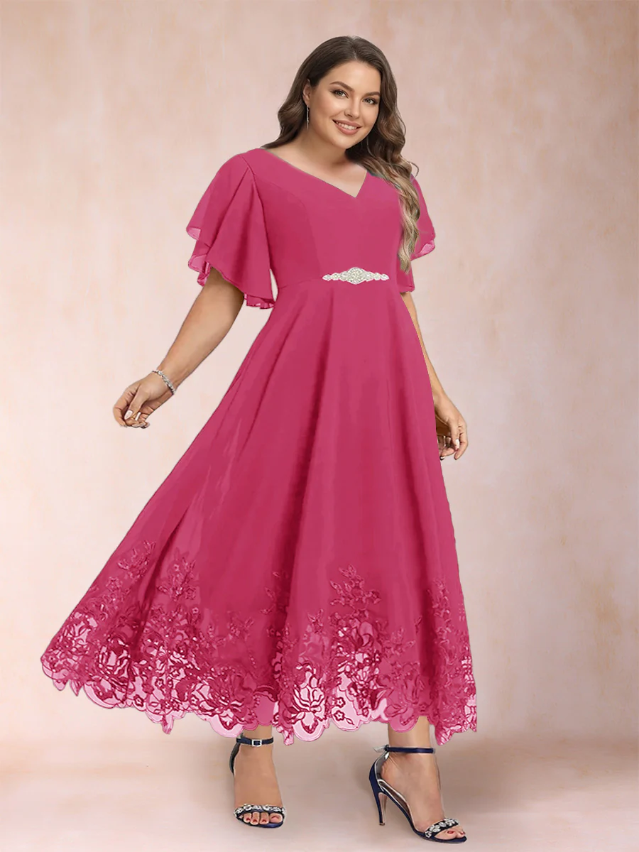 A-Line/Princess V-Neck Half Sleeves Plus Size Mother of the Bride Dresses with Applique - Image 21