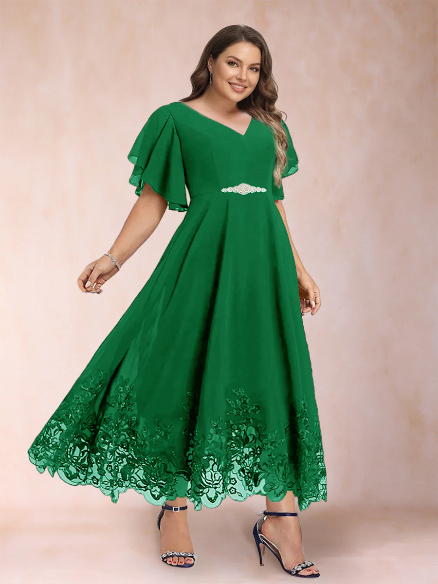 A-Line/Princess V-Neck Half Sleeves Plus Size Mother of the Bride Dresses with Applique - Image 26