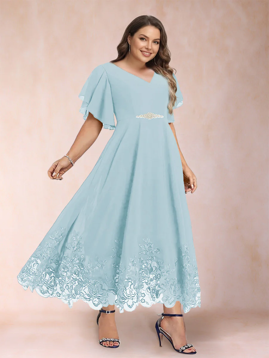 A-Line/Princess V-Neck Half Sleeves Plus Size Mother of the Bride Dresses with Applique - Image 30