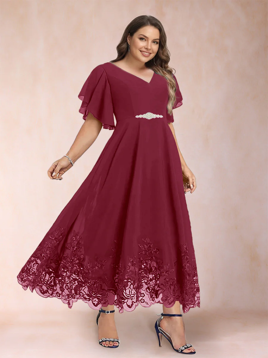 A-Line/Princess V-Neck Half Sleeves Plus Size Mother of the Bride Dresses with Applique - Image 31