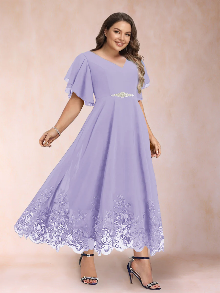 A-Line/Princess V-Neck Half Sleeves Plus Size Mother of the Bride Dresses with Applique - Image 37