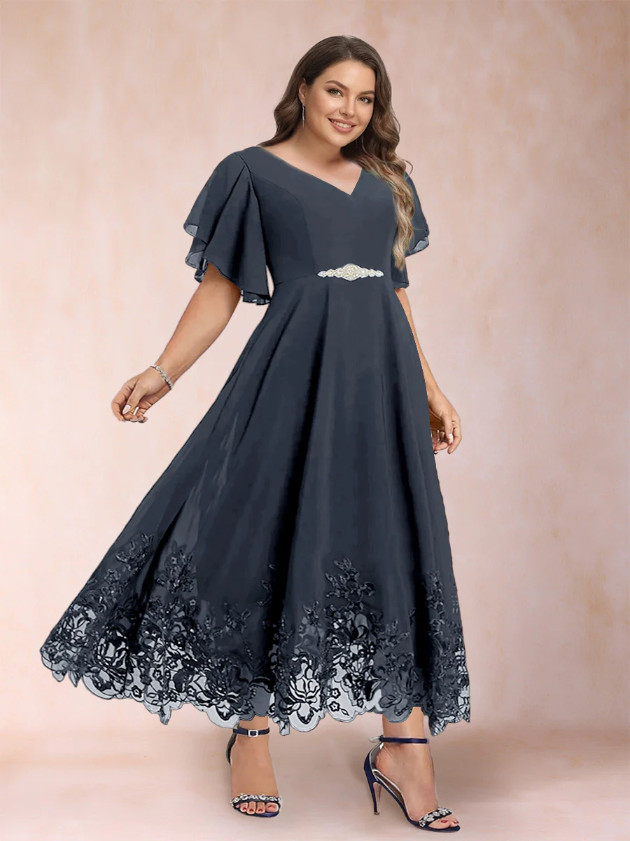 A-Line/Princess V-Neck Half Sleeves Plus Size Mother of the Bride Dresses with Applique - Image 43