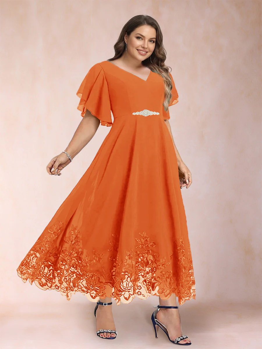 A-Line/Princess V-Neck Half Sleeves Plus Size Mother of the Bride Dresses with Applique - Image 47