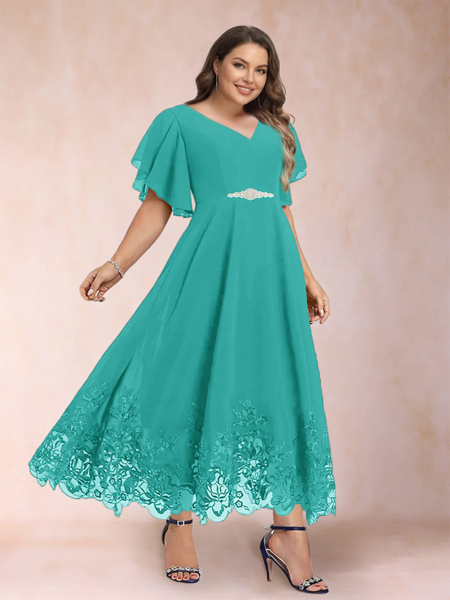 A-Line/Princess V-Neck Half Sleeves Plus Size Mother of the Bride Dresses with Applique - Image 67