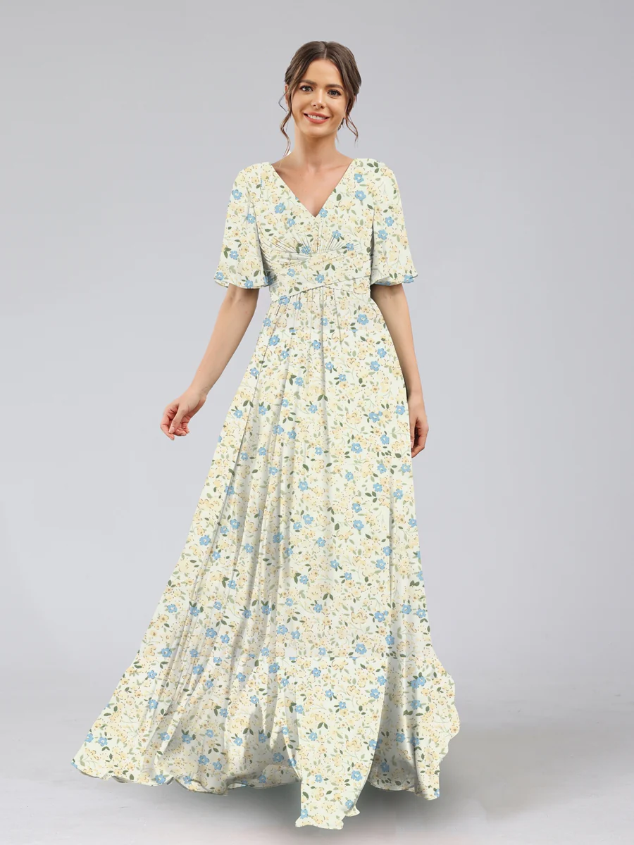 A-Line/Princess V-Neck Half Sleeves Ruched Floral Bridesmaid Dresses - Image 3