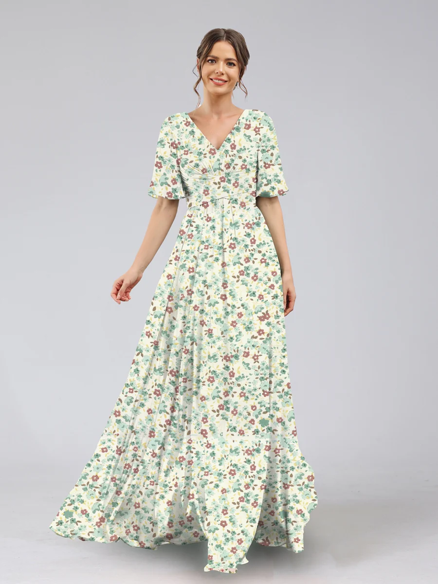 A-Line/Princess V-Neck Half Sleeves Ruched Floral Bridesmaid Dresses - Image 7