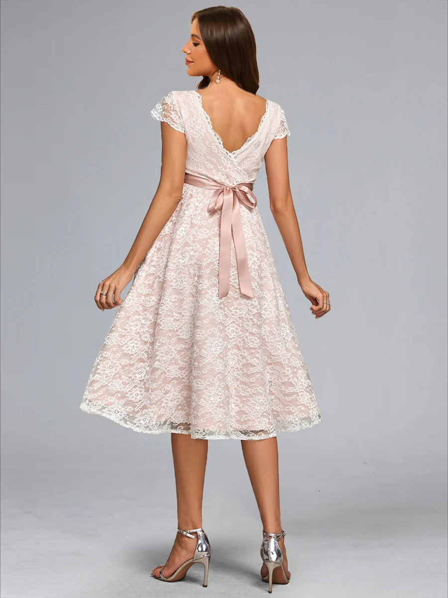 A-Line/Princess V-Neck Knee-Length Lace Baby Shower Wedding Dresses with Sash - Image 2