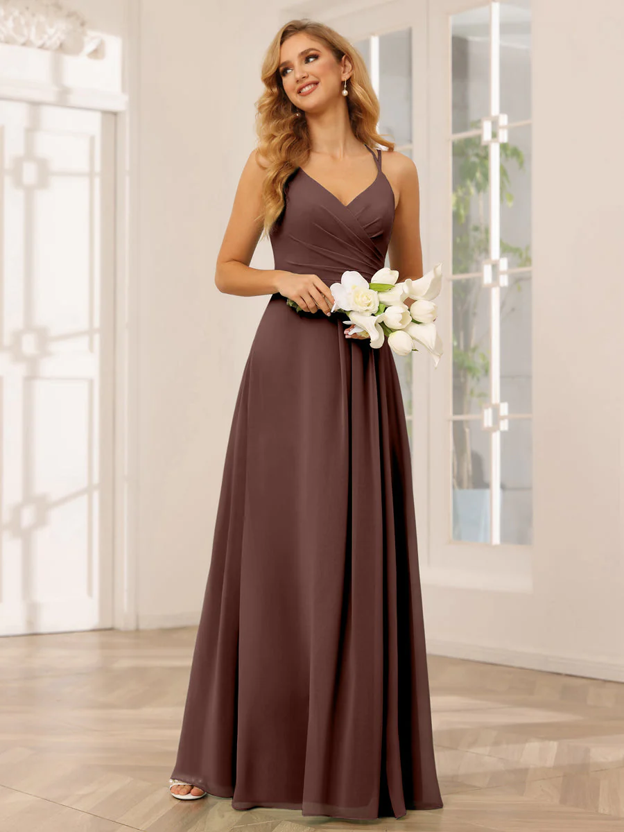 A-Line/Princess V-Neck Long Bridesmaid Dresses with Ruched - Image 76