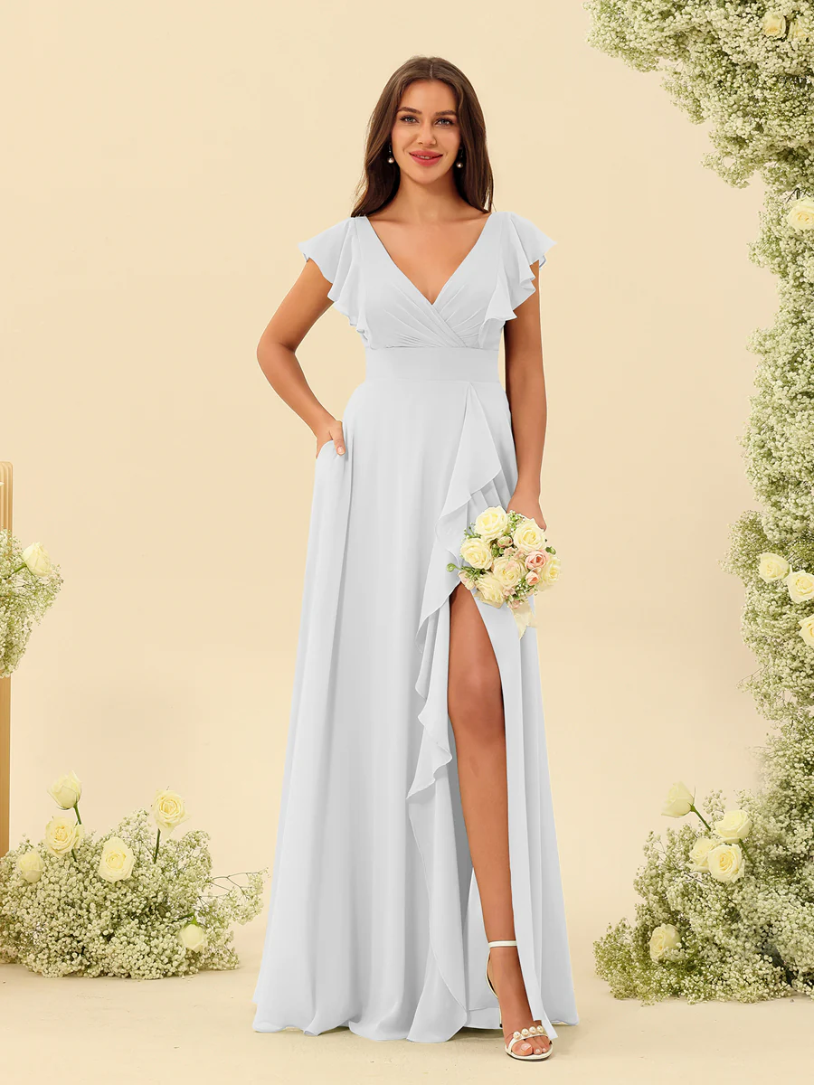 A-Line/Princess V-Neck Long Bridesmaid Dresses with Ruffles - Image 19