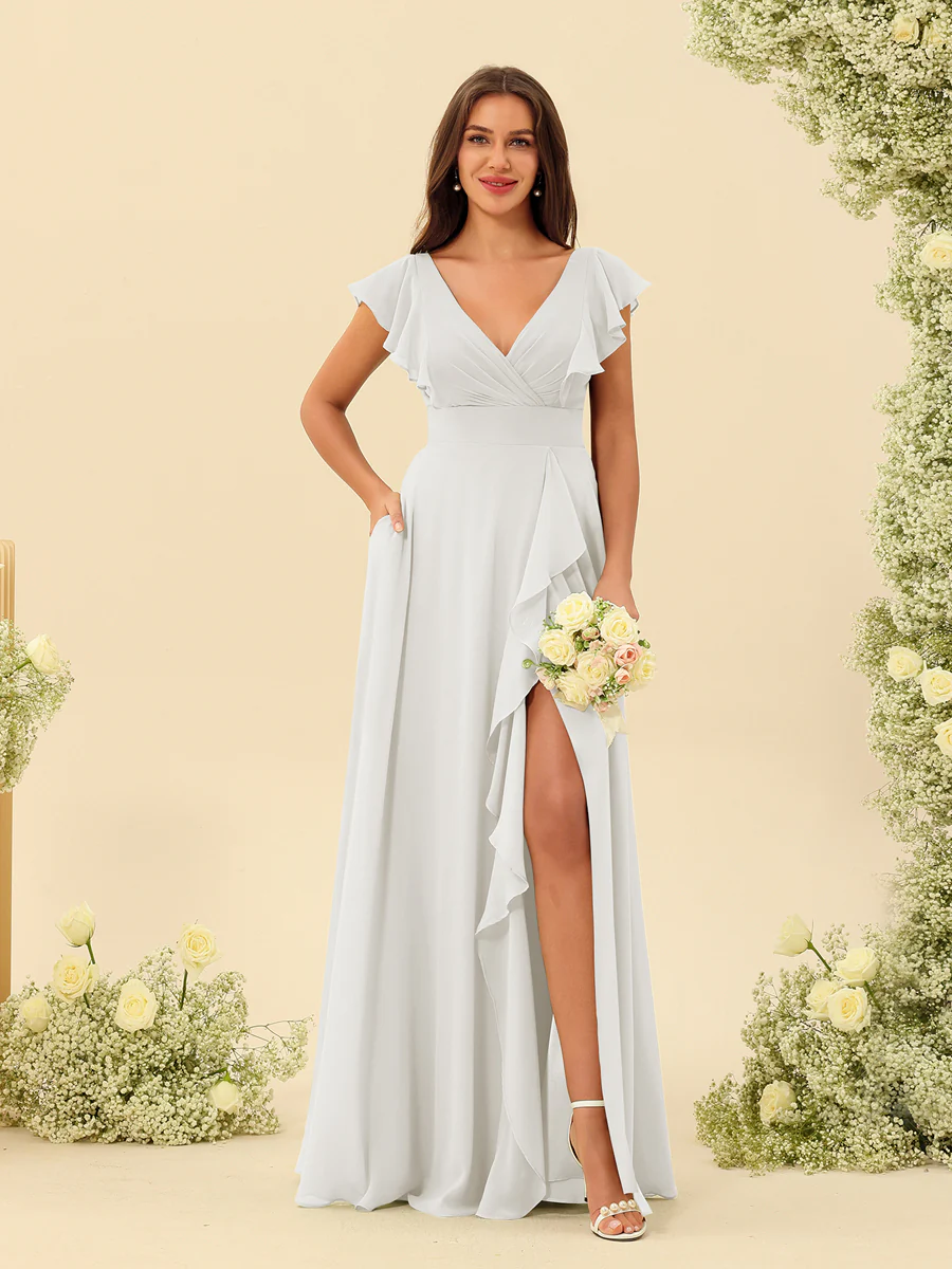 A-Line/Princess V-Neck Long Bridesmaid Dresses with Ruffles - Image 20