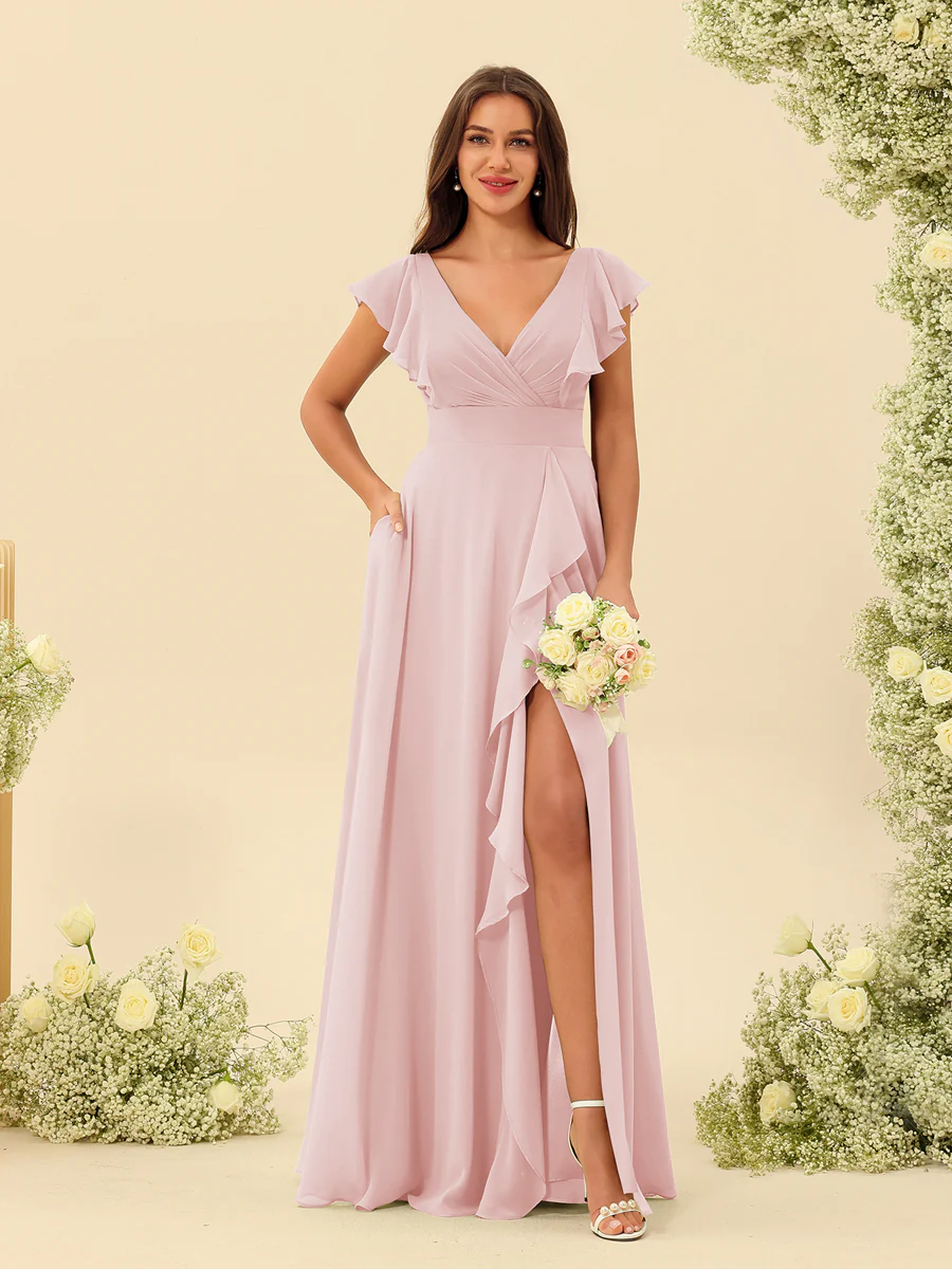A-Line/Princess V-Neck Long Bridesmaid Dresses with Ruffles - Image 25