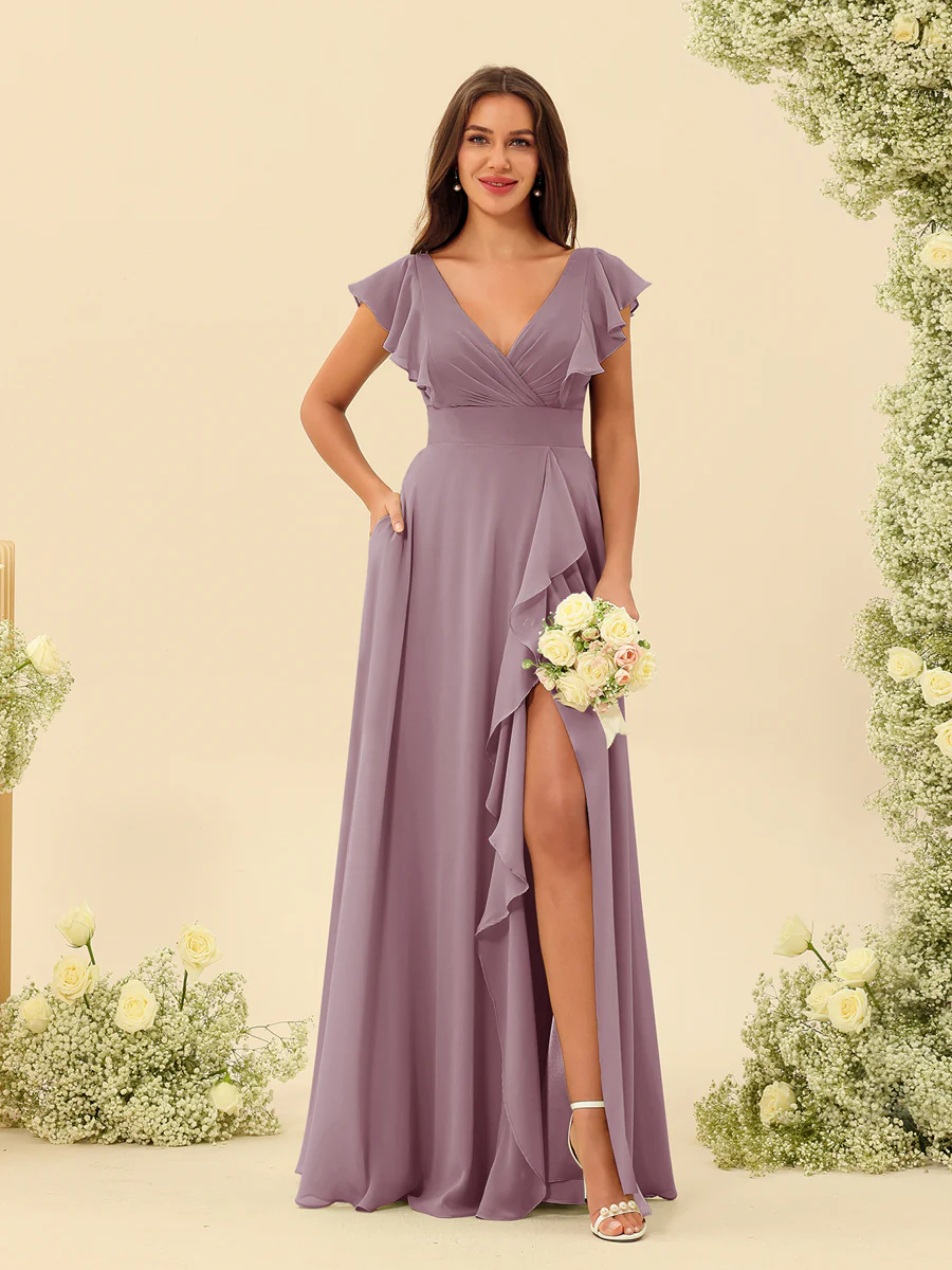A-Line/Princess V-Neck Long Bridesmaid Dresses with Ruffles - Image 30
