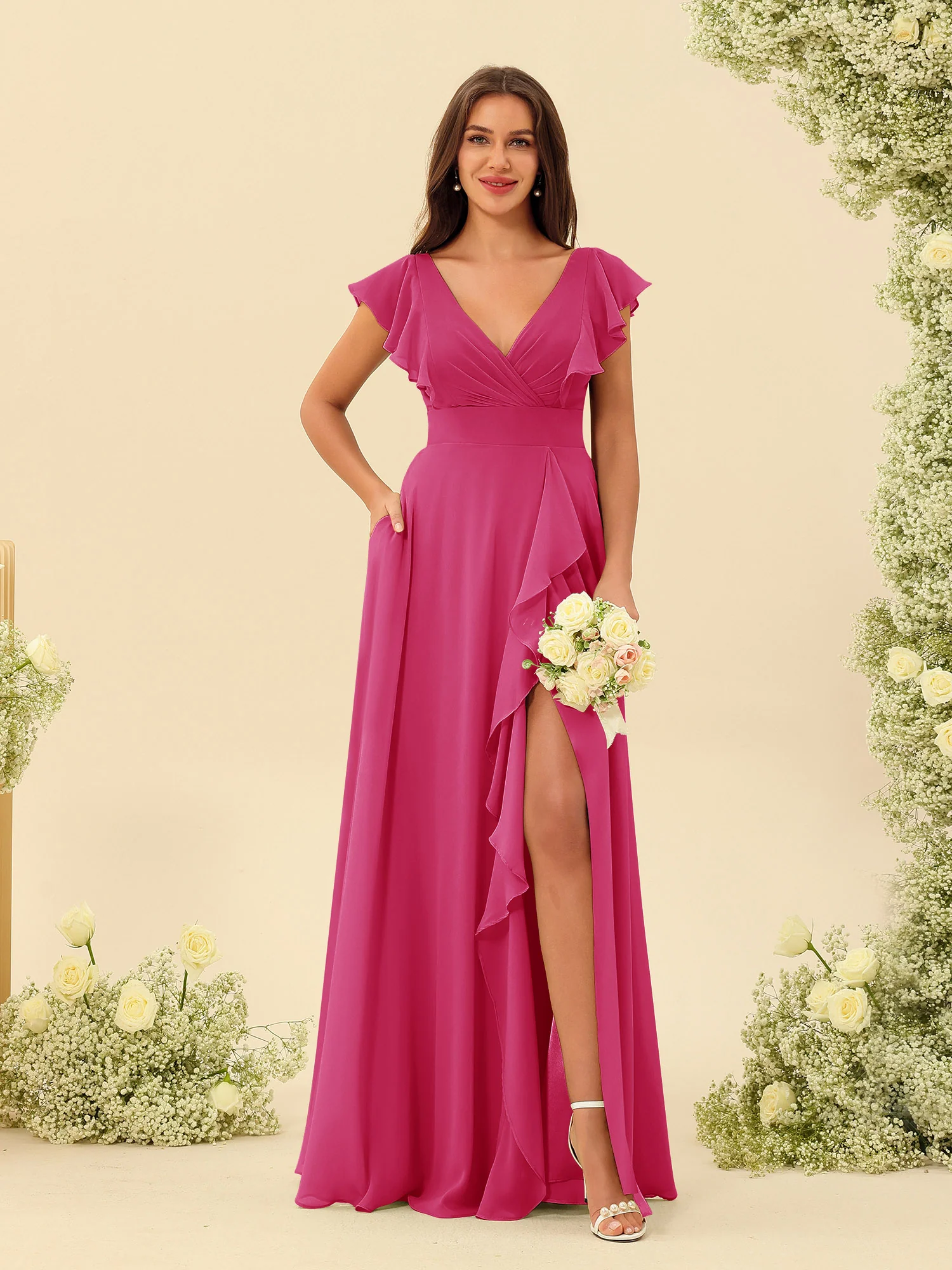 A-Line/Princess V-Neck Long Bridesmaid Dresses with Ruffles - Image 33