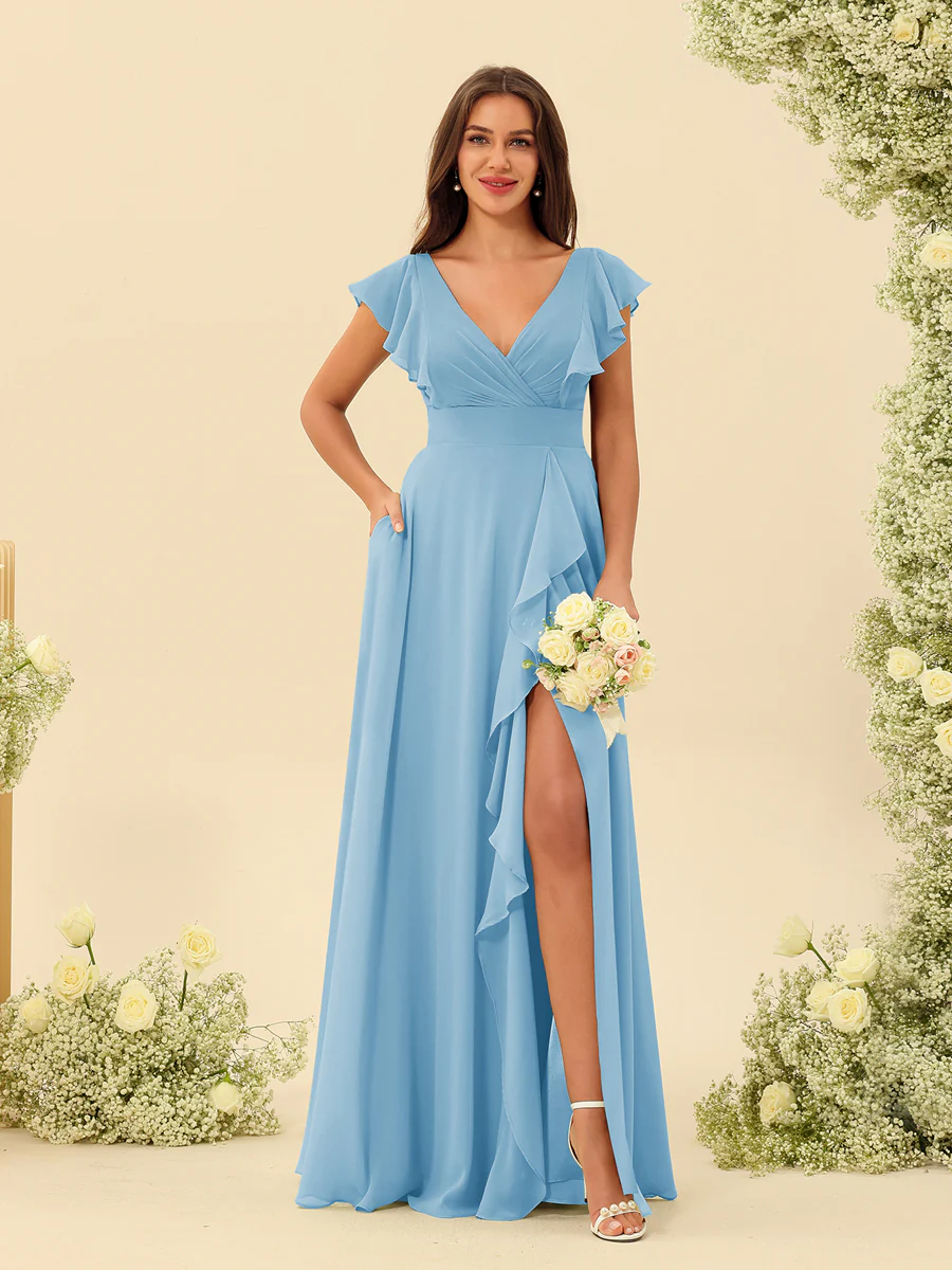 A-Line/Princess V-Neck Long Bridesmaid Dresses with Ruffles - Image 49