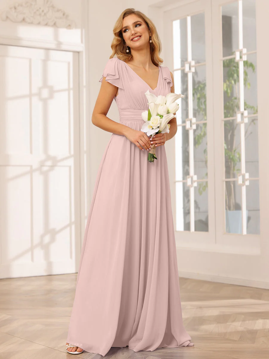 A-Line/Princess V-Neck Long Bridesmaid Dresses with Ruffles - Image 25