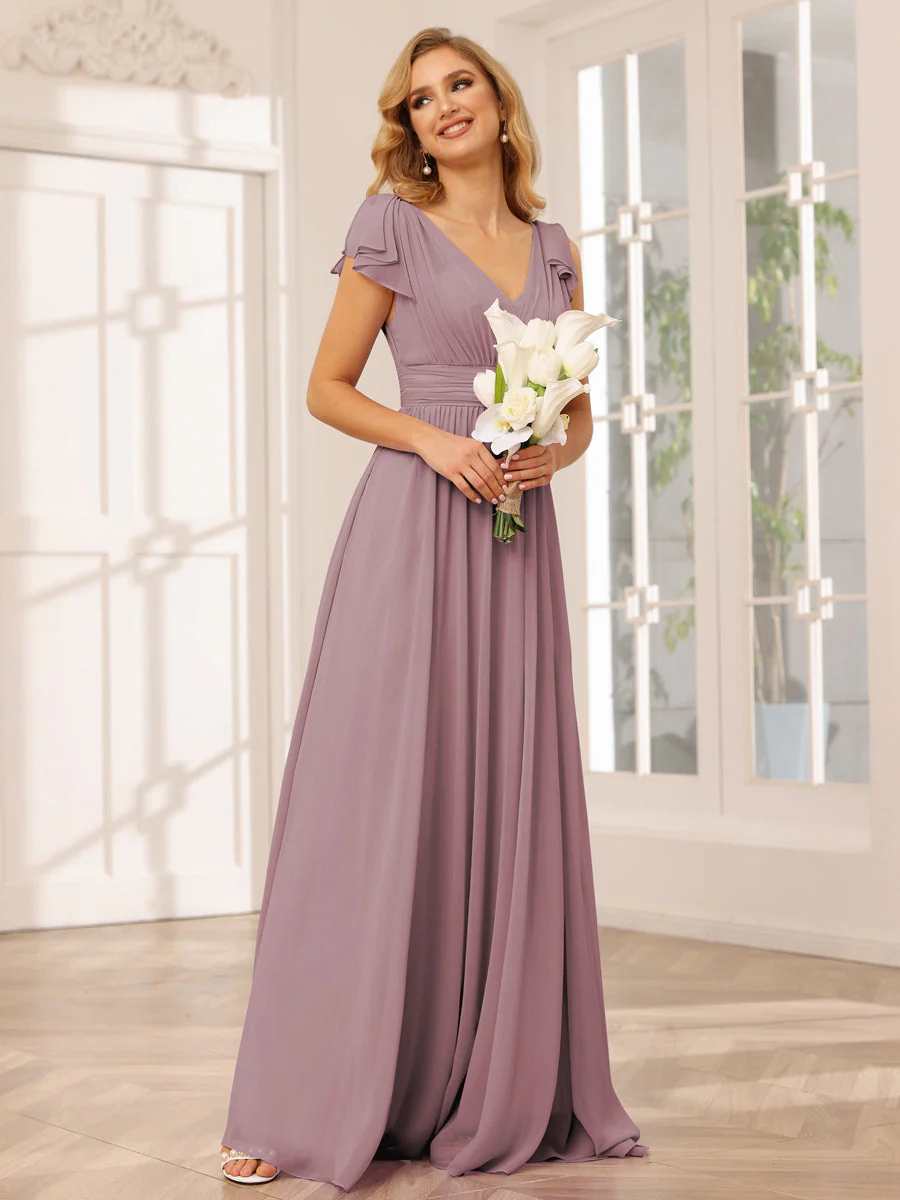 A-Line/Princess V-Neck Long Bridesmaid Dresses with Ruffles - Image 30