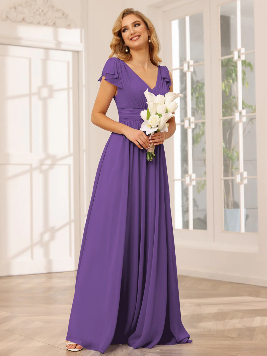 A-Line/Princess V-Neck Long Bridesmaid Dresses with Ruffles - Image 41