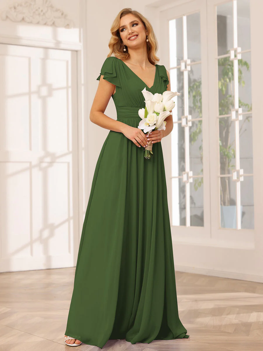 A-Line/Princess V-Neck Long Bridesmaid Dresses with Ruffles - Image 64