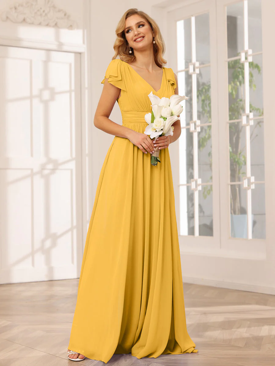 A-Line/Princess V-Neck Long Bridesmaid Dresses with Ruffles - Image 69