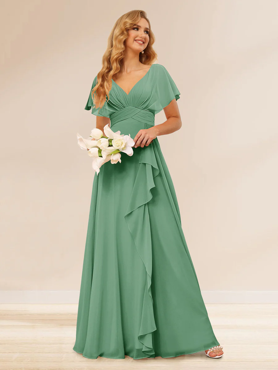 A-Line/Princess V-Neck Long Bridesmaid Dresses with Ruffles - Image 12