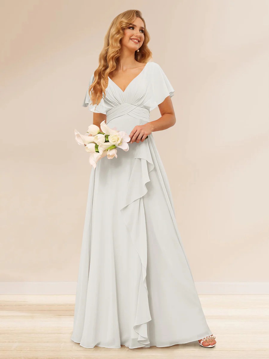 A-Line/Princess V-Neck Long Bridesmaid Dresses with Ruffles - Image 16