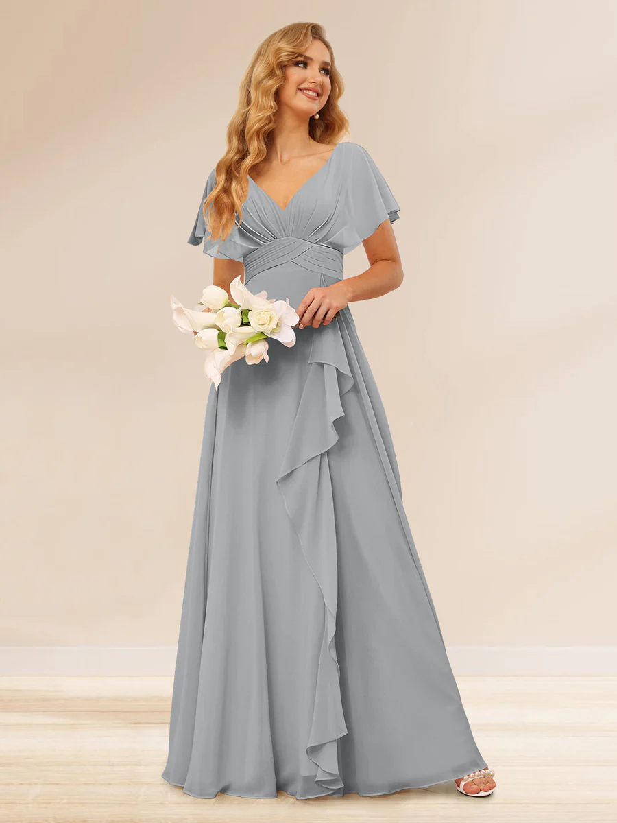 A-Line/Princess V-Neck Long Bridesmaid Dresses with Ruffles - Image 17