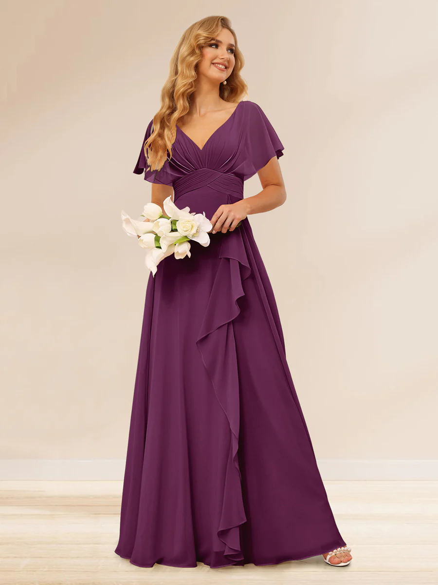 A-Line/Princess V-Neck Long Bridesmaid Dresses with Ruffles - Image 39