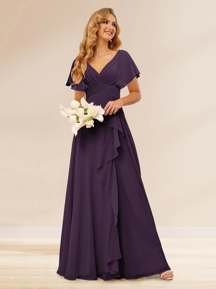 A-Line/Princess V-Neck Long Bridesmaid Dresses with Ruffles - Image 41