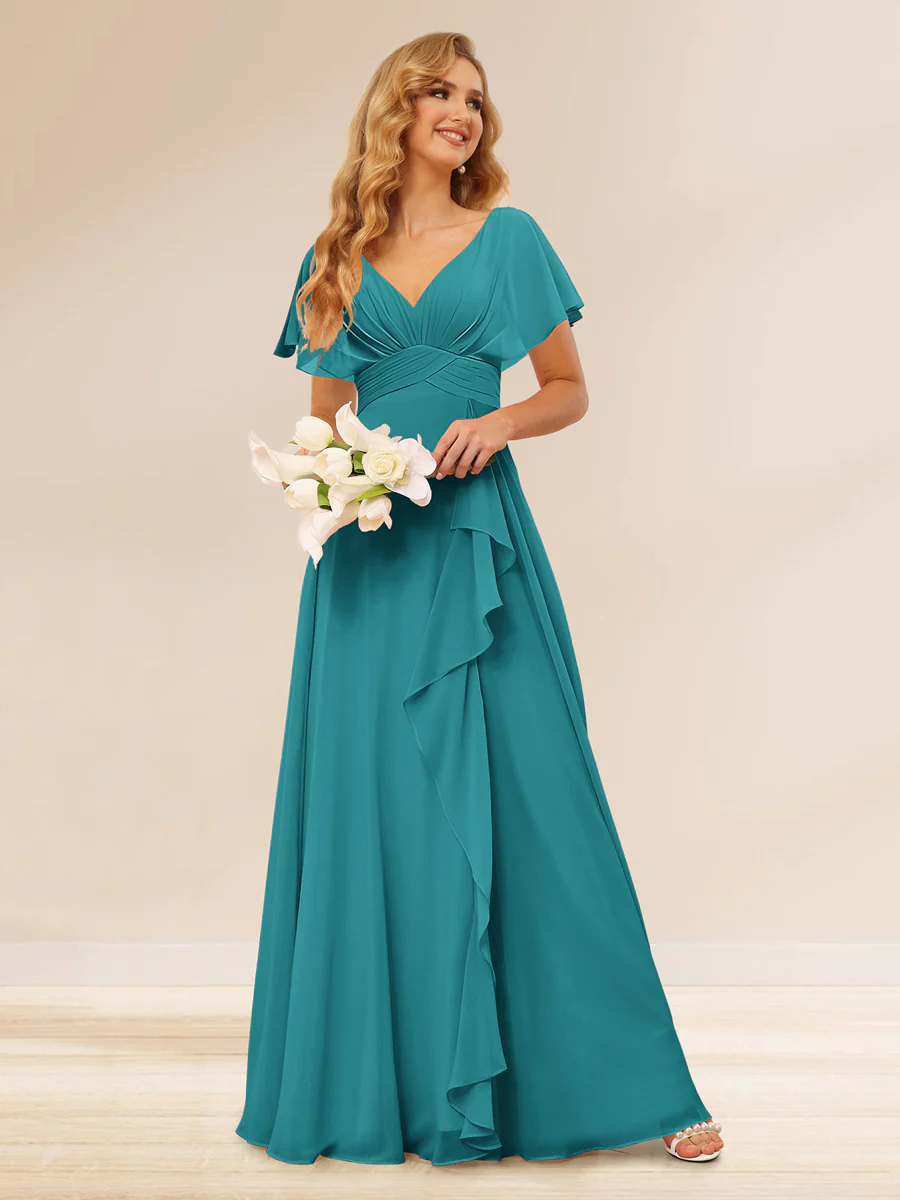 A-Line/Princess V-Neck Long Bridesmaid Dresses with Ruffles - Image 47