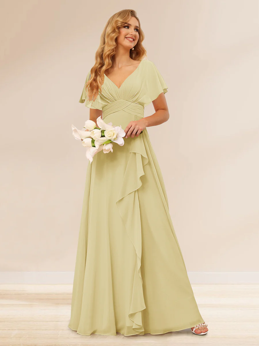 A-Line/Princess V-Neck Long Bridesmaid Dresses with Ruffles - Image 63