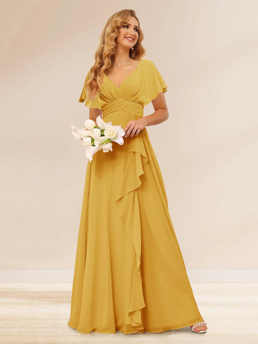 A-Line/Princess V-Neck Long Bridesmaid Dresses with Ruffles - Image 65