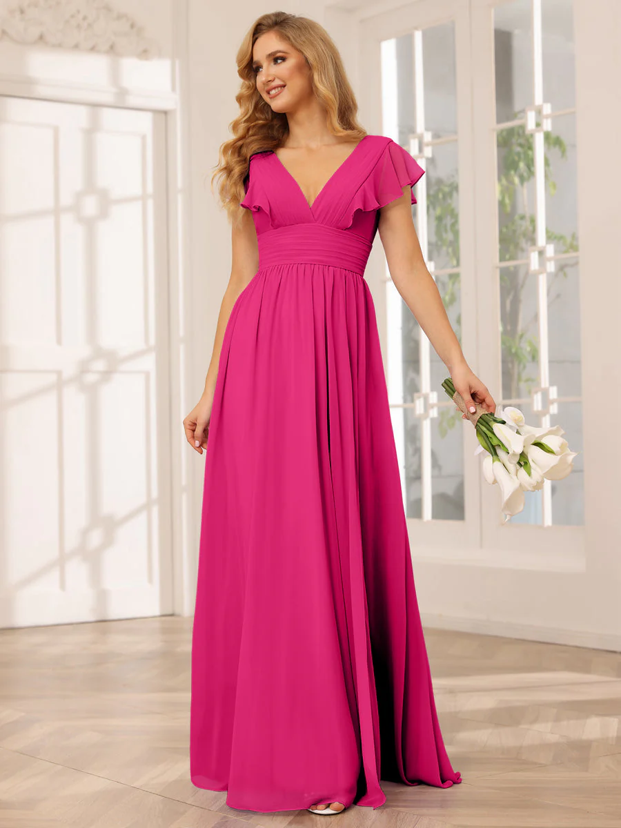 A-Line/Princess V-Neck Long Bridesmaid Dresses with Split Side - Image 33