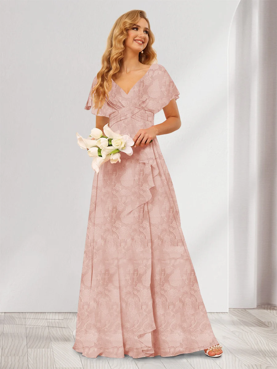 A-Line/Princess V-Neck Long Floral Bridesmaid Dresses with Ruffles - Image 8
