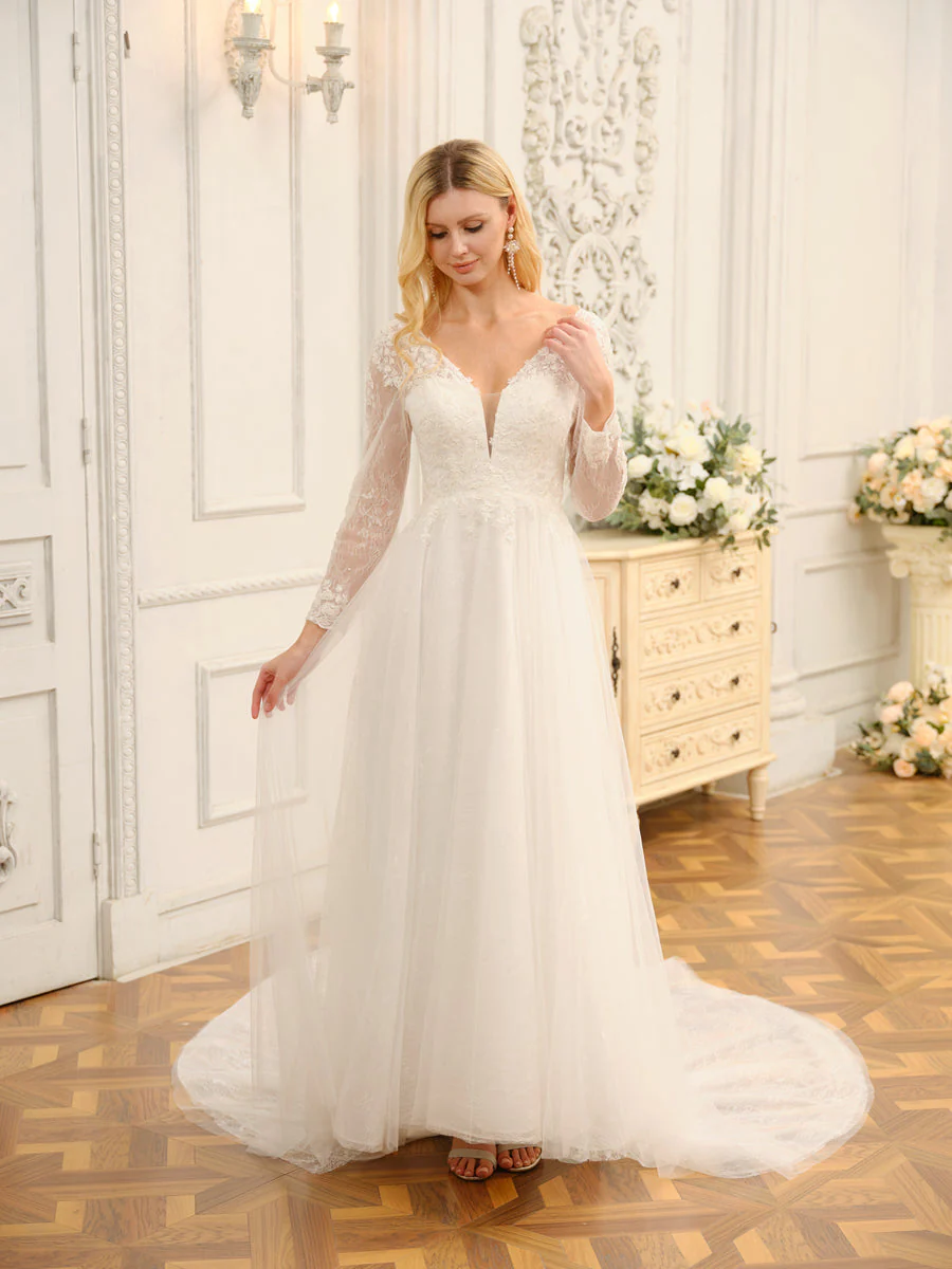 A-Line/Princess V-Neck Long Lace Wedding Dresses with Appliques & Long Sleeves - Image 6