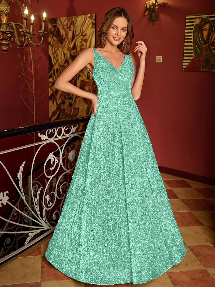 A-Line/Princess V-Neck Long Prom Dresses with Belt - Image 27