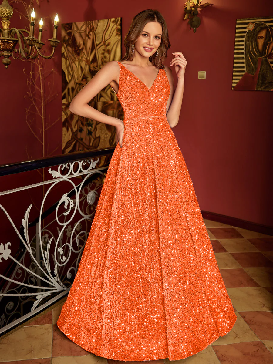 A-Line/Princess V-Neck Long Prom Dresses with Belt - Image 30