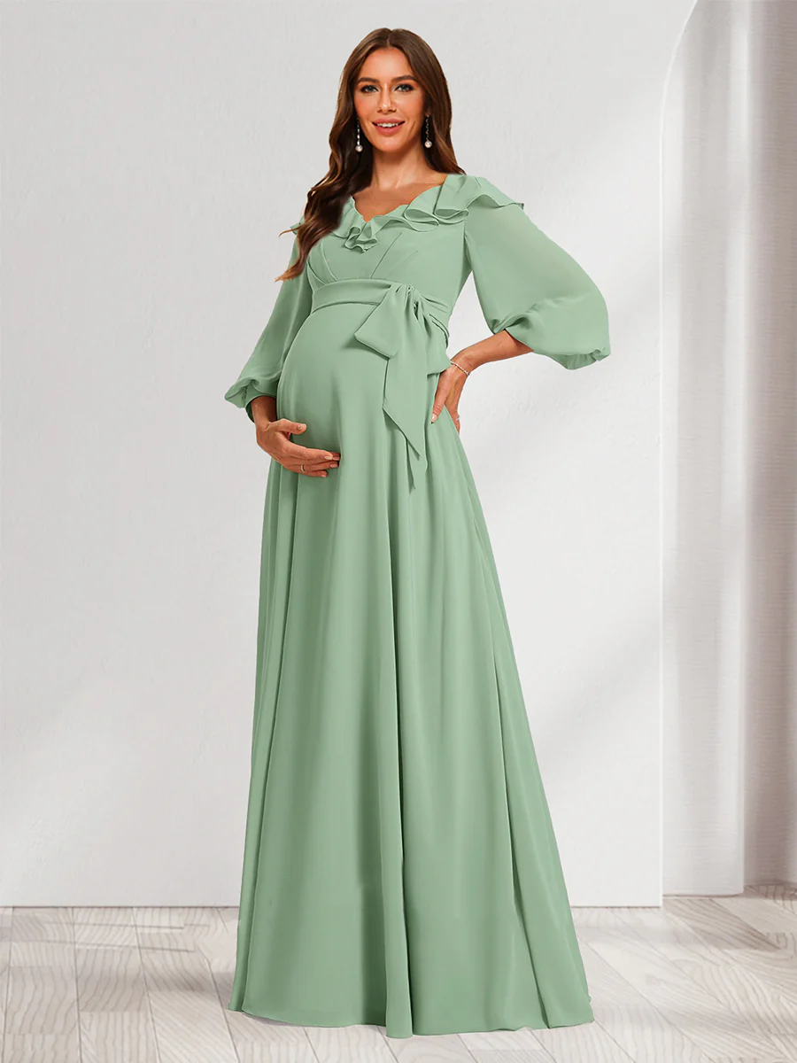 A-Line/Princess V-Neck Long Sleeves Baby Shower Bridesmaid Dresses with Ruffles & Bow