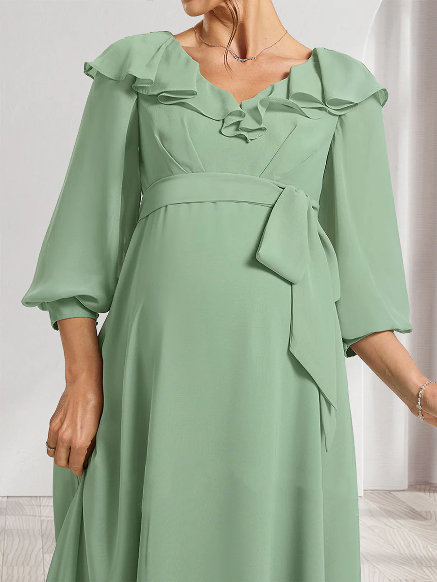 A-Line/Princess V-Neck Long Sleeves Baby Shower Bridesmaid Dresses with Ruffles & Bow - Image 3
