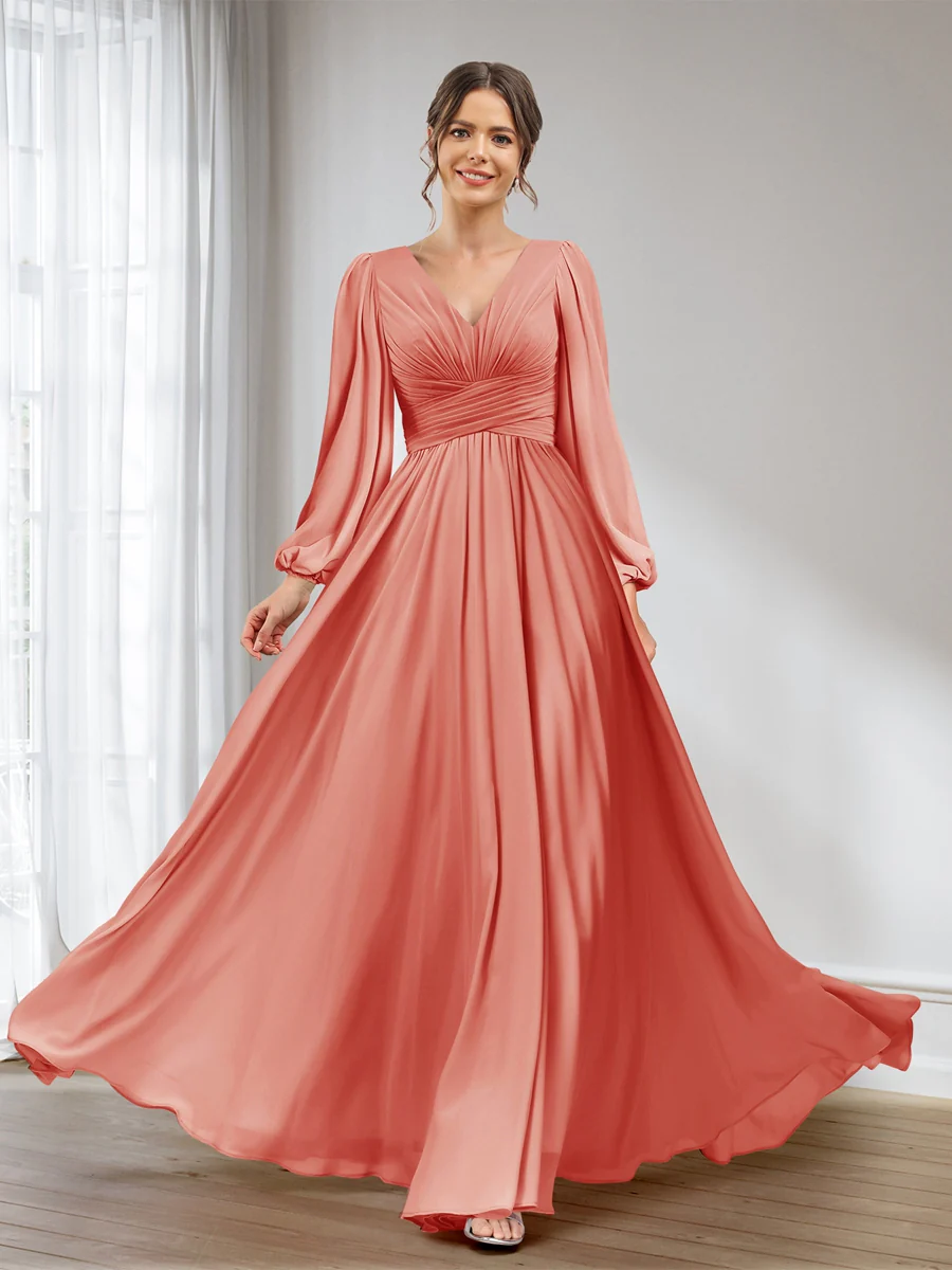 A-Line/Princess V-Neck Long Sleeves Chiffon Long Bridesmaid Dresses With Pockets - Image 10
