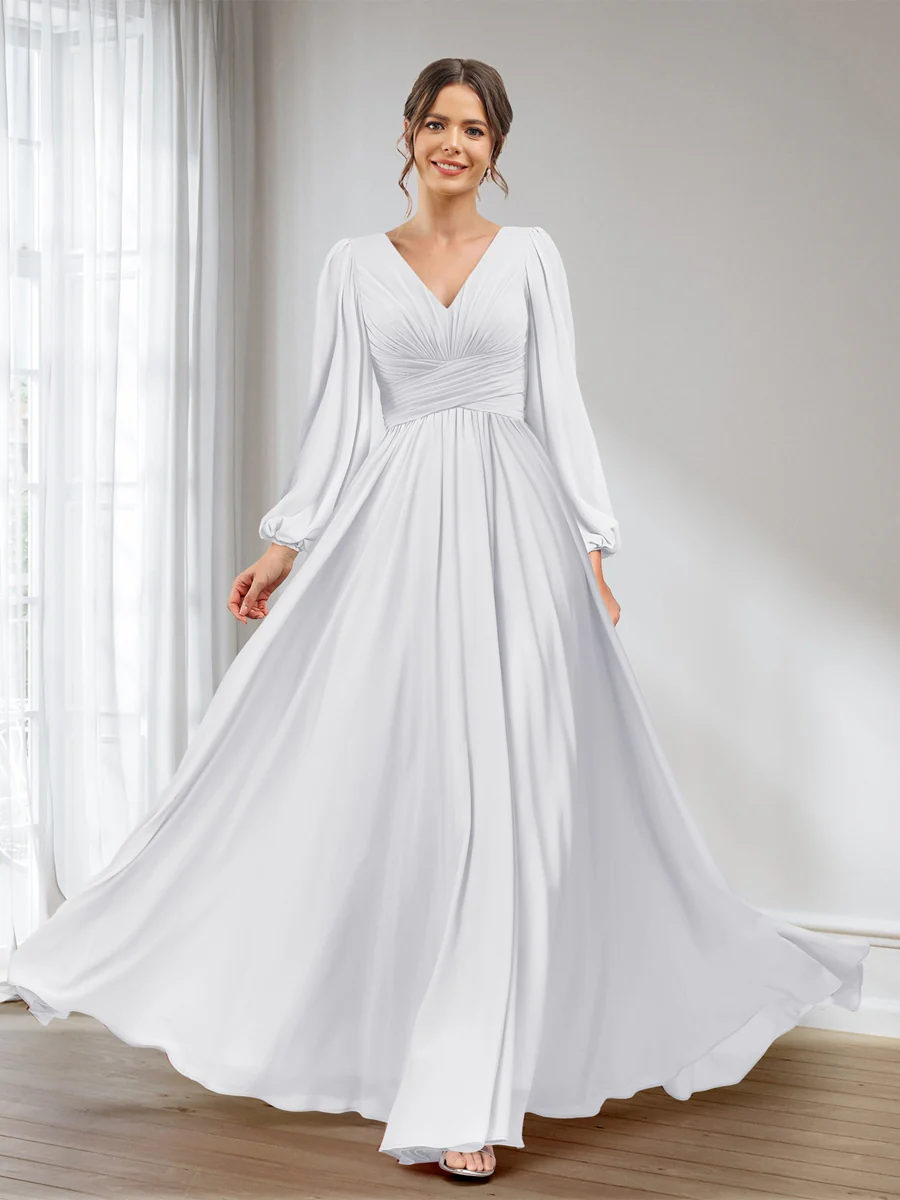 A-Line/Princess V-Neck Long Sleeves Chiffon Long Bridesmaid Dresses With Pockets - Image 14