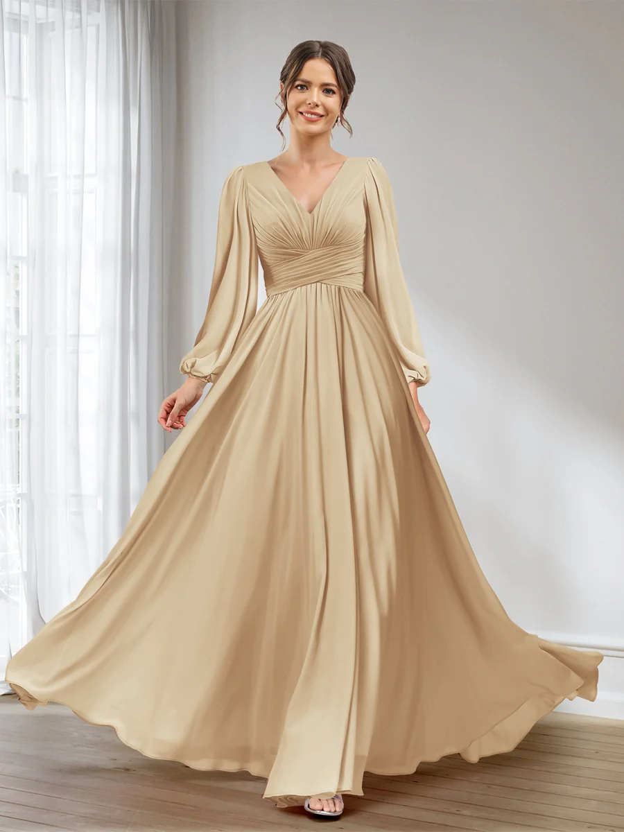 A-Line/Princess V-Neck Long Sleeves Chiffon Long Bridesmaid Dresses With Pockets - Image 19