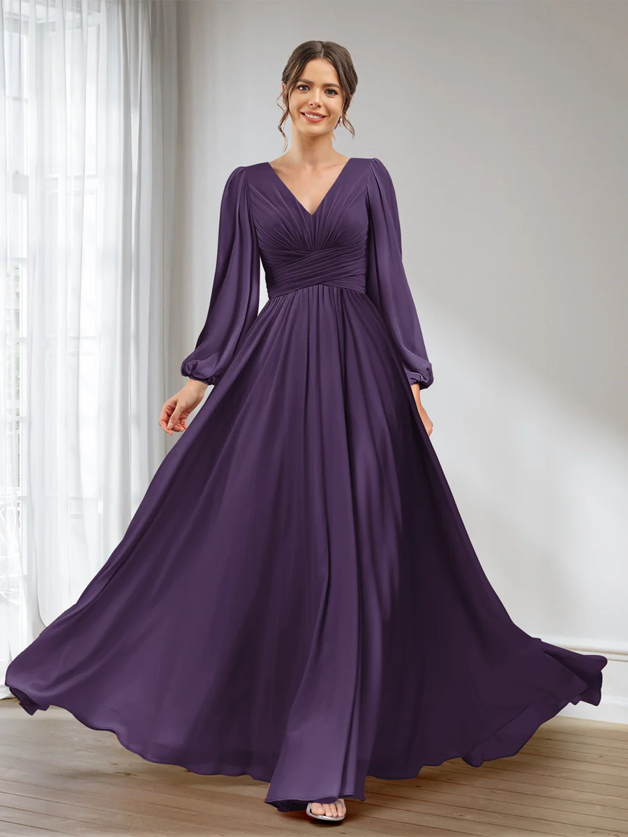 A-Line/Princess V-Neck Long Sleeves Chiffon Long Bridesmaid Dresses With Pockets - Image 40