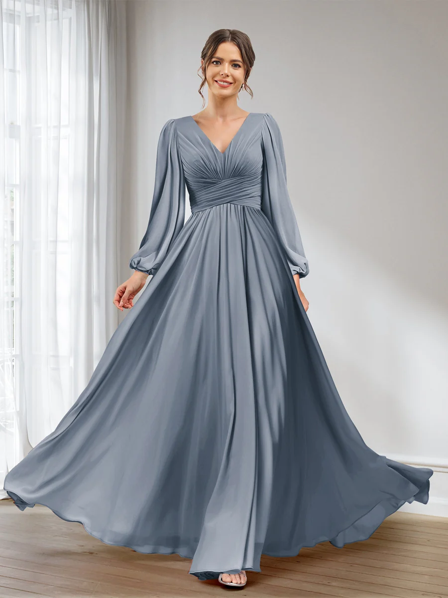 A-Line/Princess V-Neck Long Sleeves Chiffon Long Bridesmaid Dresses With Pockets - Image 5