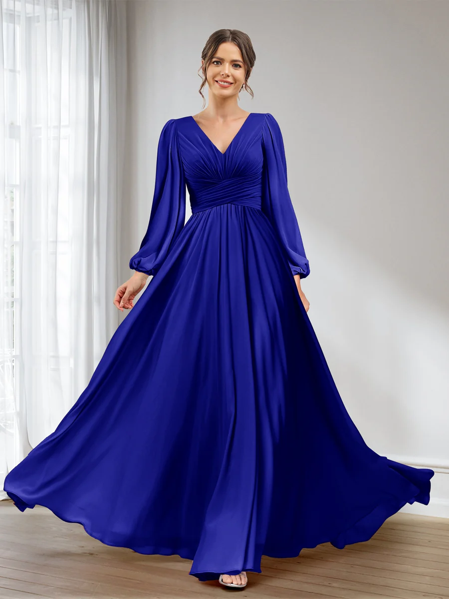 A-Line/Princess V-Neck Long Sleeves Chiffon Long Bridesmaid Dresses With Pockets - Image 50