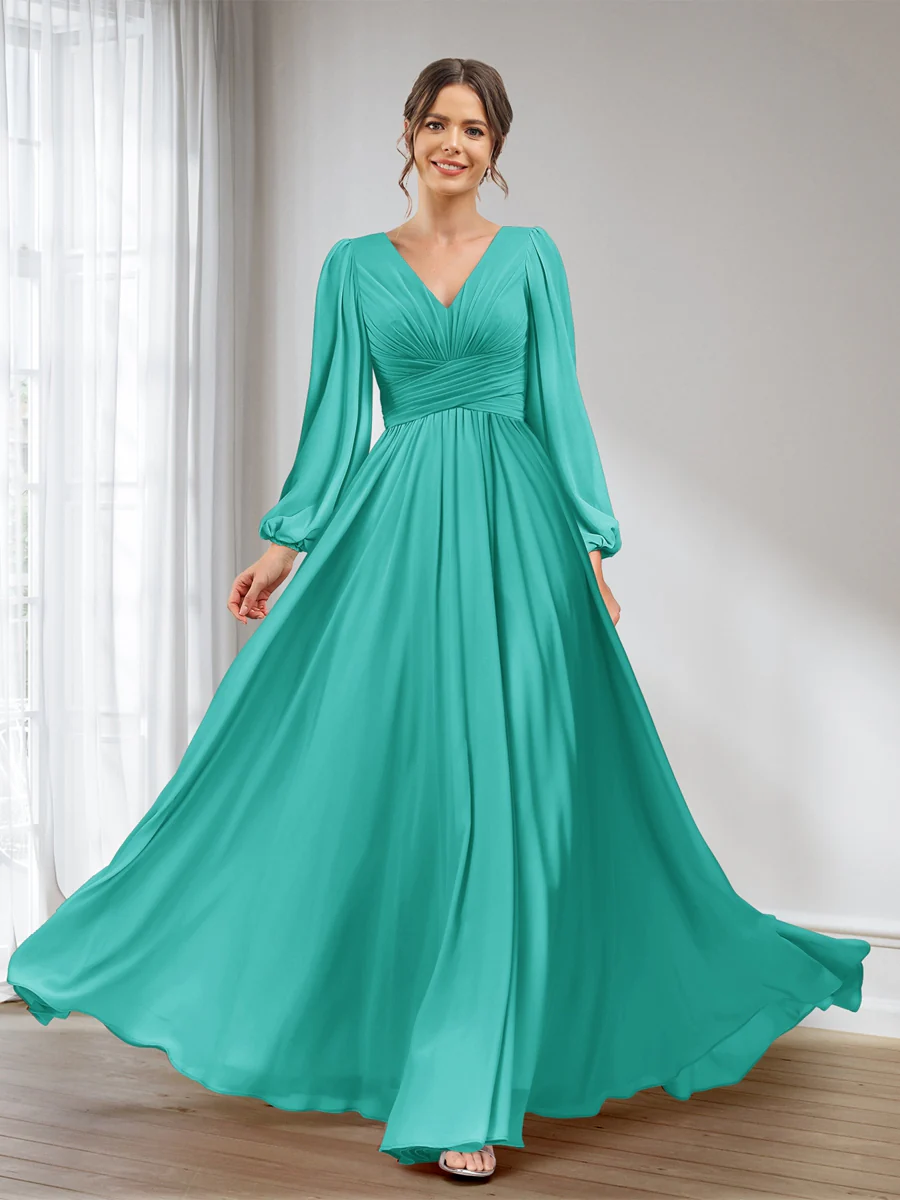 A-Line/Princess V-Neck Long Sleeves Chiffon Long Bridesmaid Dresses With Pockets - Image 58