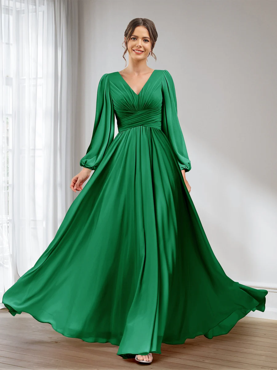 A-Line/Princess V-Neck Long Sleeves Chiffon Long Bridesmaid Dresses With Pockets - Image 59